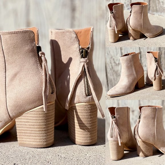 Taupe Faux Suede Pointed Toe Rivet Mini Studded Block Heel Ankle Bootie Boot - Picture 10 of 16